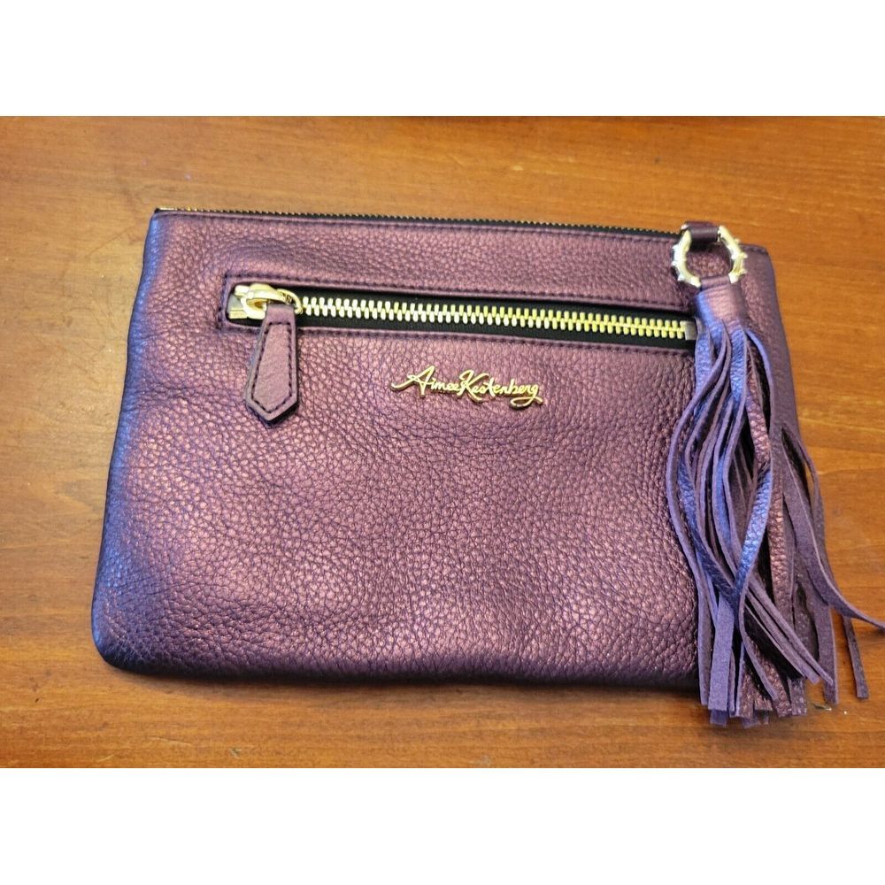 Aimee Kestenberg Genuine Leather Zip Clutch Purse Burgundy Metallic Gold Accents - Picture 2 of 15